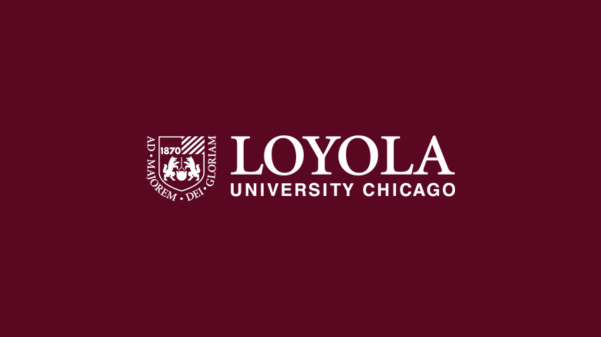 Loyola University Chicago logo in white on a maroon background